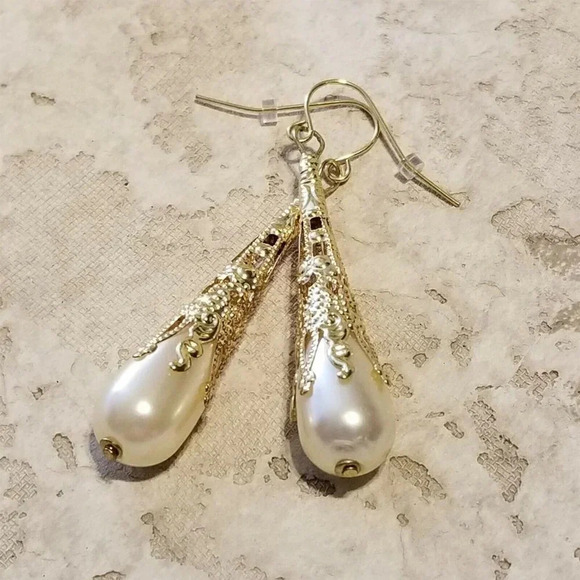 Faux Pearl Gold Victorian Teardrop Dangle Earrings - Picture 1 of 5